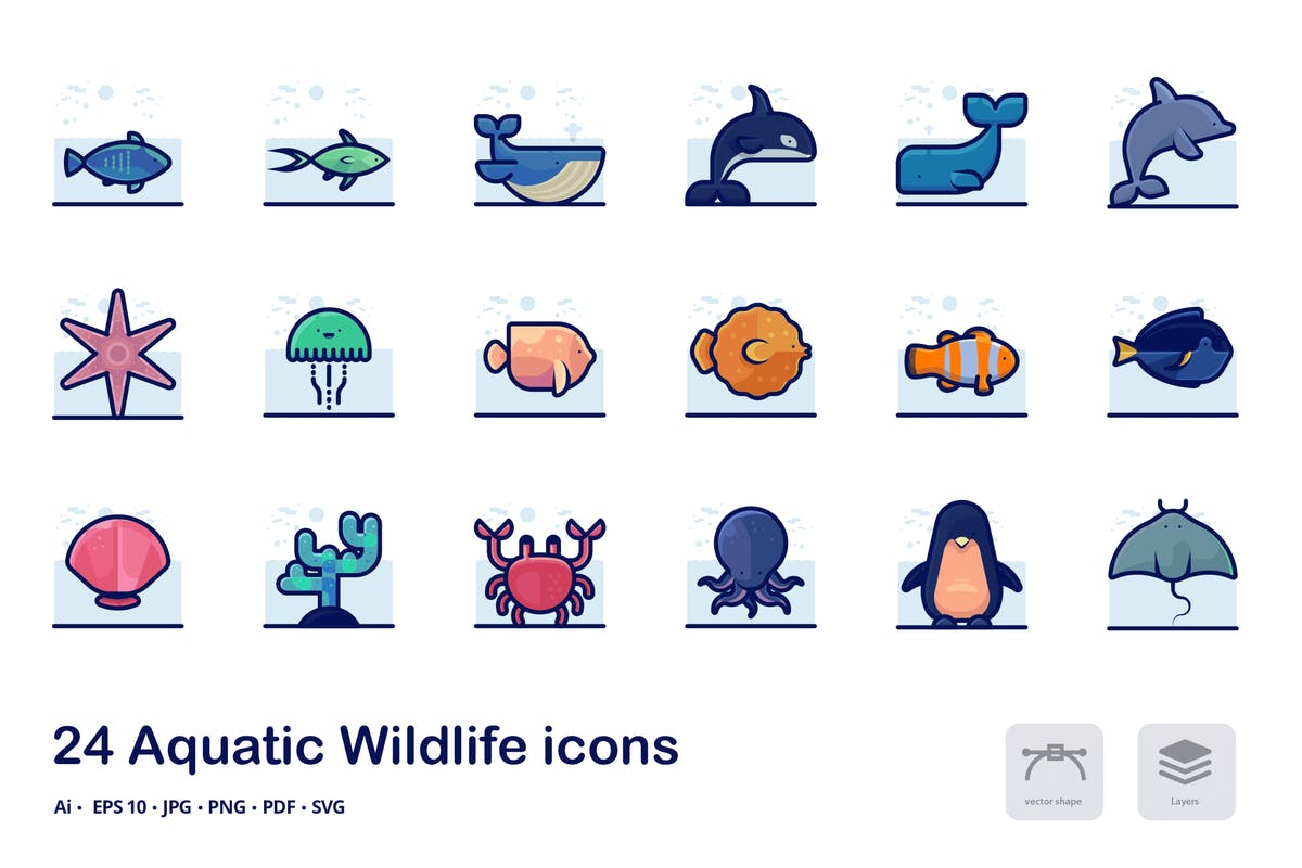 海洋水生野生动物矢量描边图标合集 Aquatic Wildl