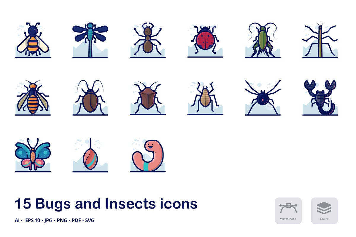 昆虫细节填充轮廓线形图标 Bugs and Insects
