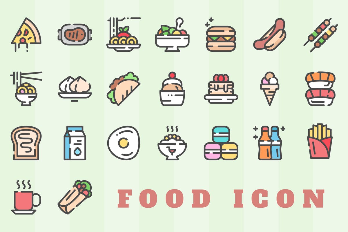 餐饮美味食物矢量线条图标套装 Food Icon