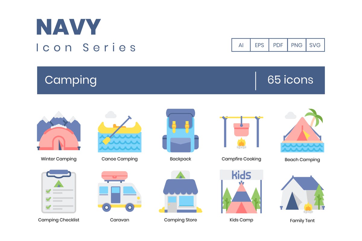 户外露营旅行主题海军蓝图标素材 65 Camping Ico