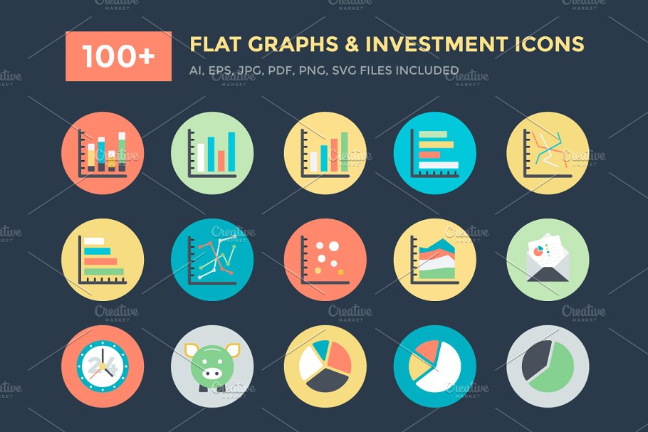 投资主题图标素材 Flat Graphs and Inves