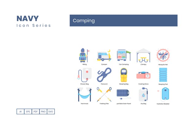 户外露营旅行主题海军蓝图标素材 65 Camping Ico