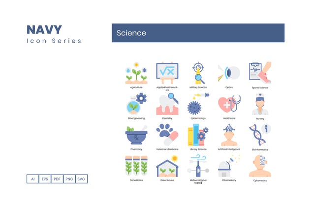 科学技术主题海军蓝图标素材 60 Science Icons