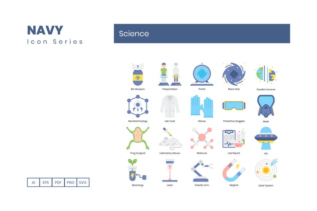 科学技术主题海军蓝图标素材 60 Science Icons
