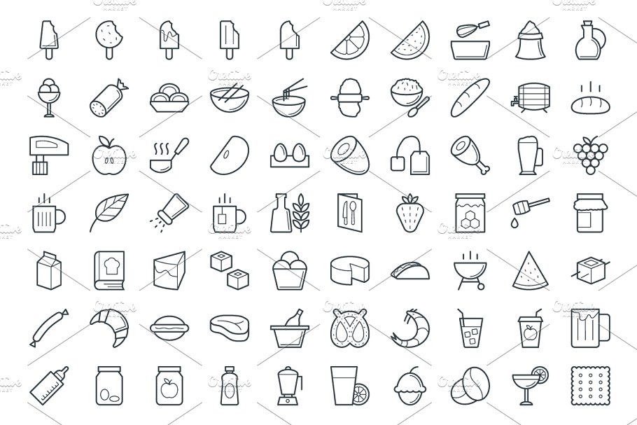 极简黑色线条快餐食物图标 Food Vector Icons