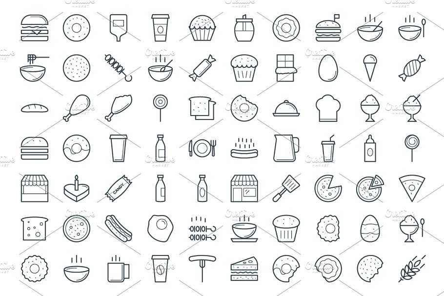 极简黑色线条快餐食物图标 Food Vector Icons
