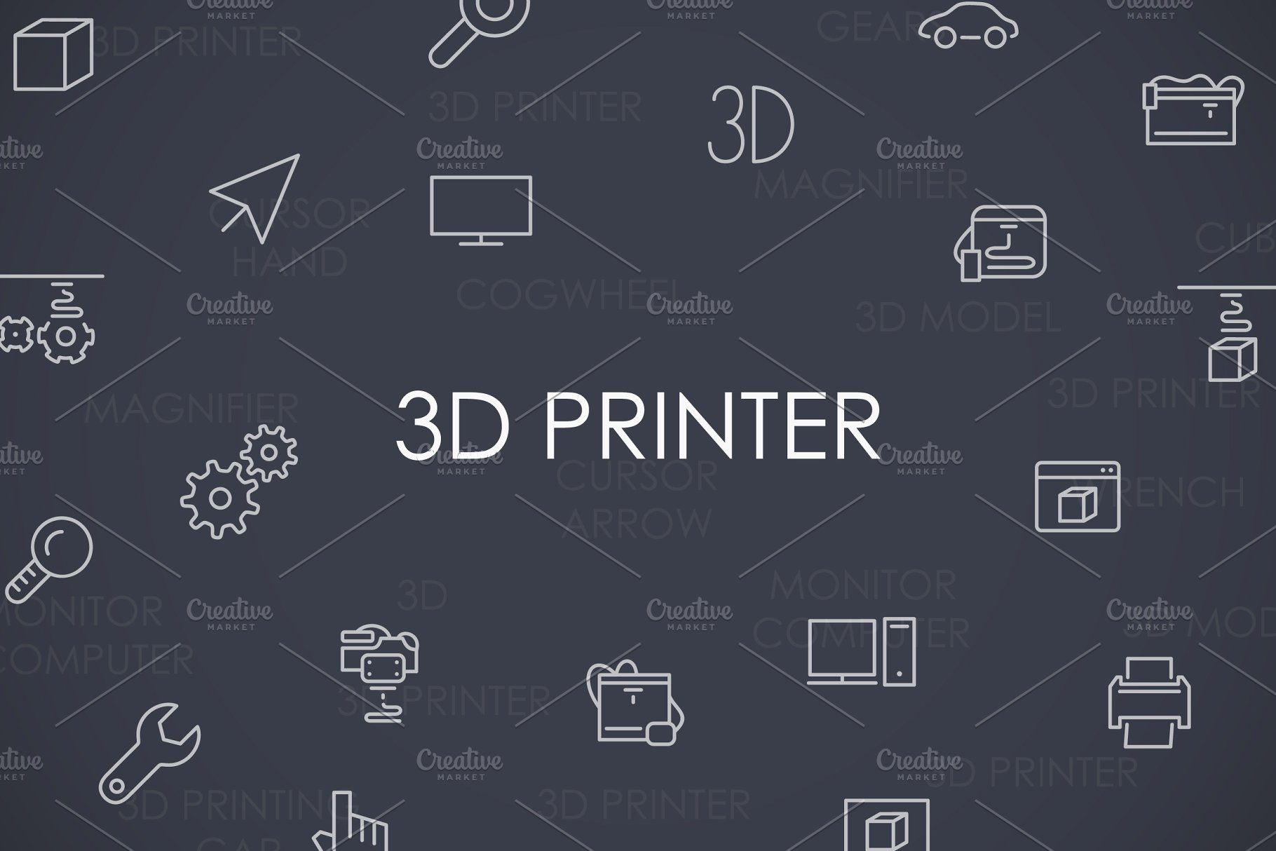 白色背景办公维修工具细线图标 3d printer thin