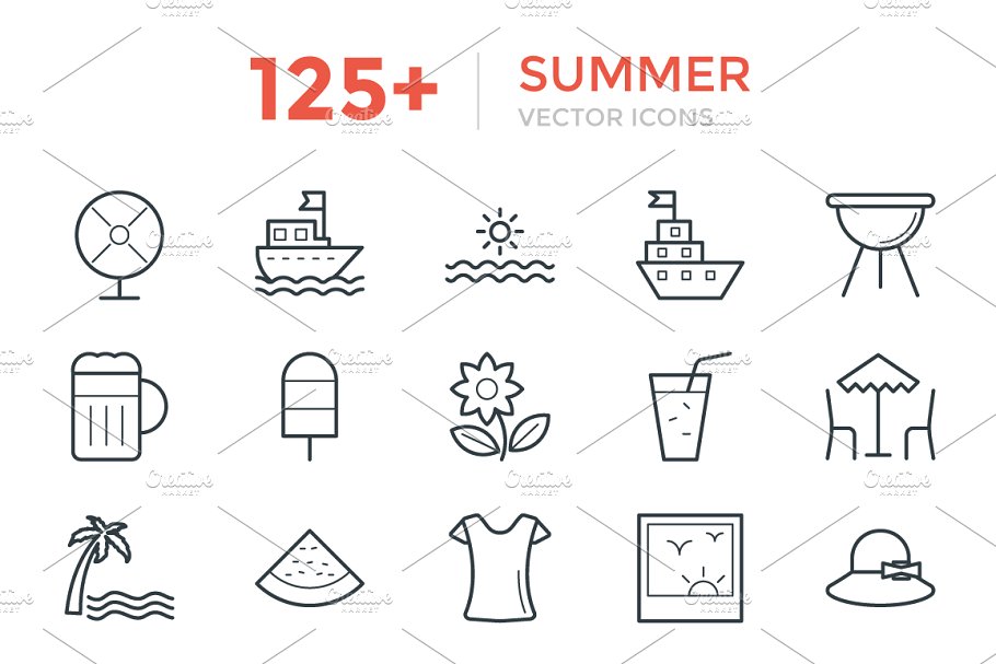 夏季游玩矢量线条图标 125 Summer Vector