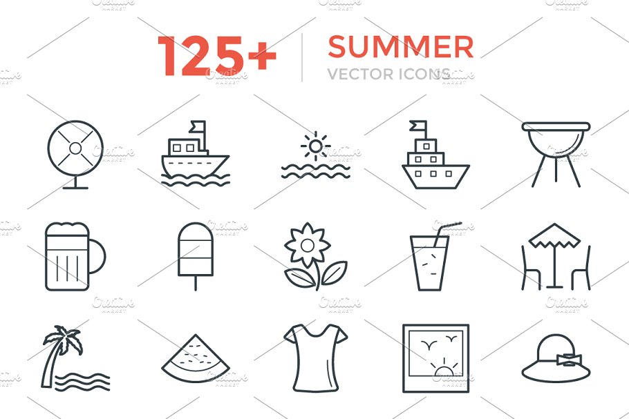 夏季游玩矢量线条图标 125  Summer Vector