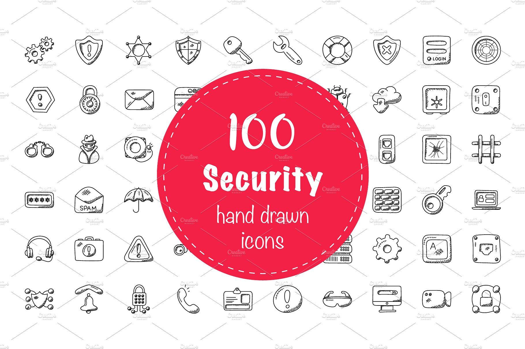 创造性的安全涂鸦图标 100 Security Doodle