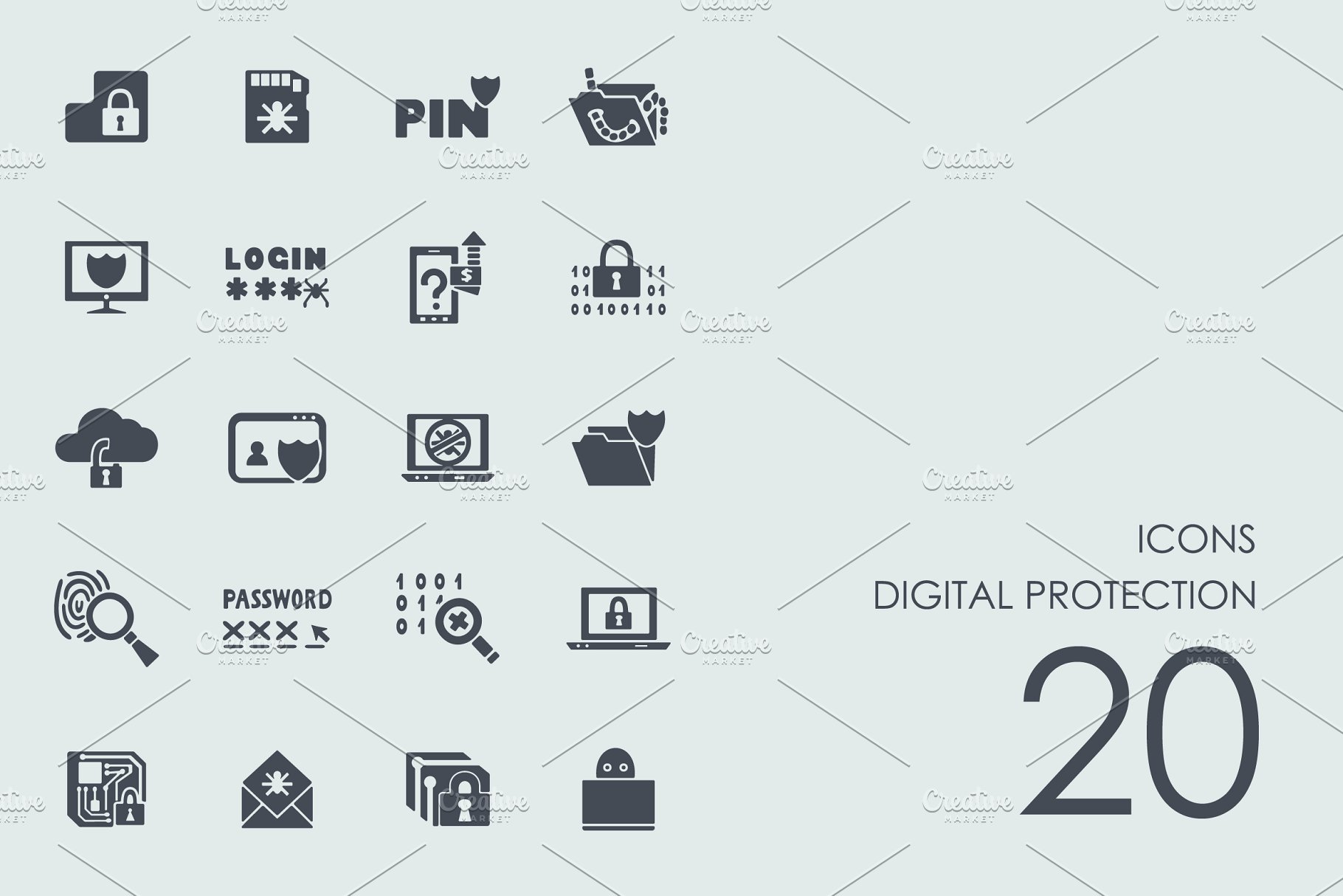 信息数据保护主题简笔画图标合集 Digital protec
