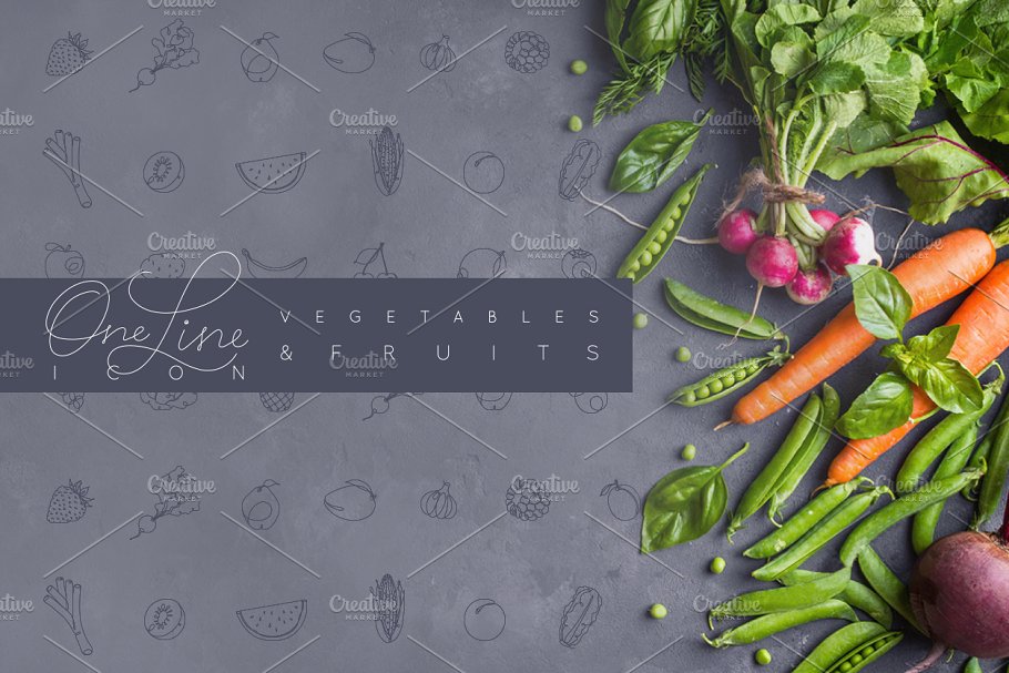 手绘钢笔线条风格水果蔬菜图标 One Line Vegeta