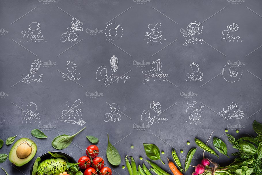 手绘钢笔线条风格水果蔬菜图标 One Line Vegeta