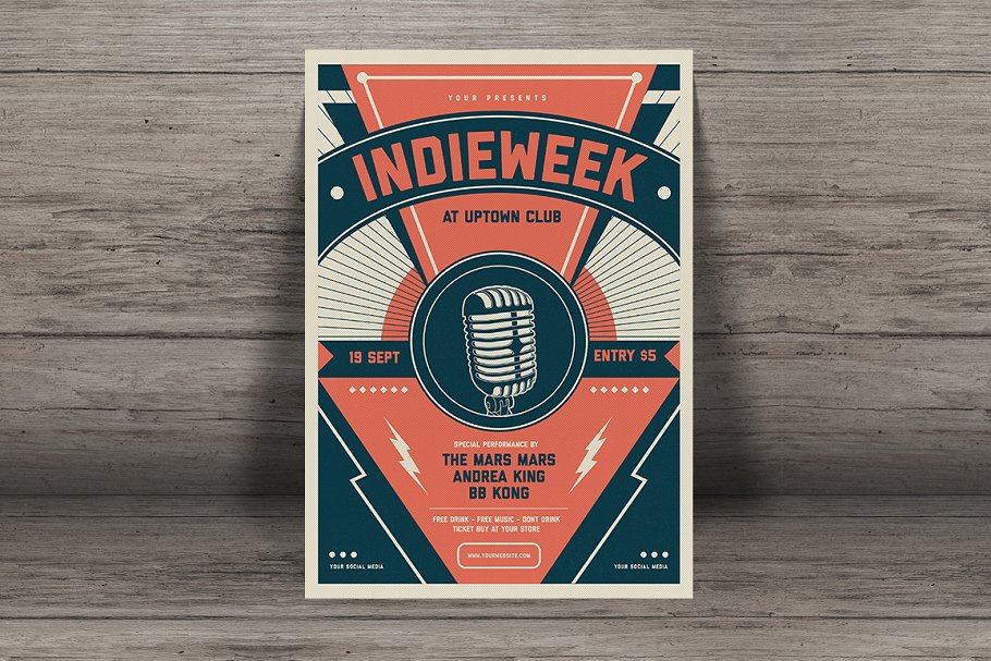 复古音乐海报背景模板 Indie Week Flyer #1