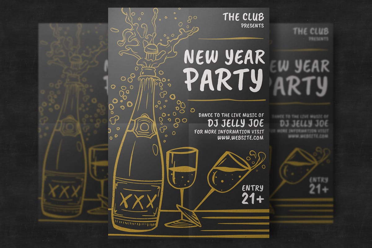手绘设计风格新年祝酒会海报模板 Hand-Drawn New