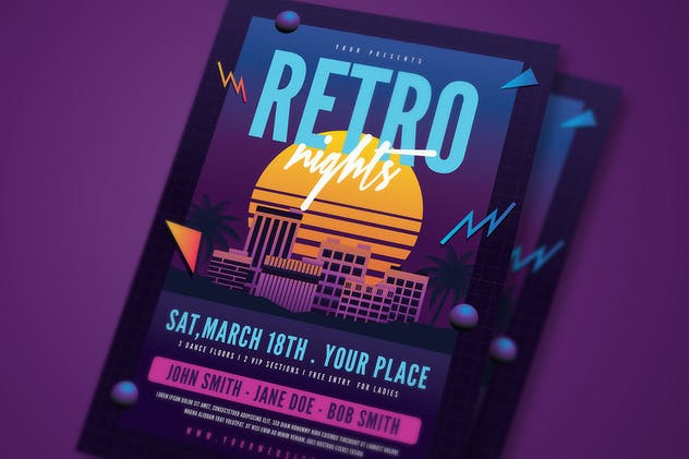欧美80年代复古夜店风格海报设计模板 Retro Night