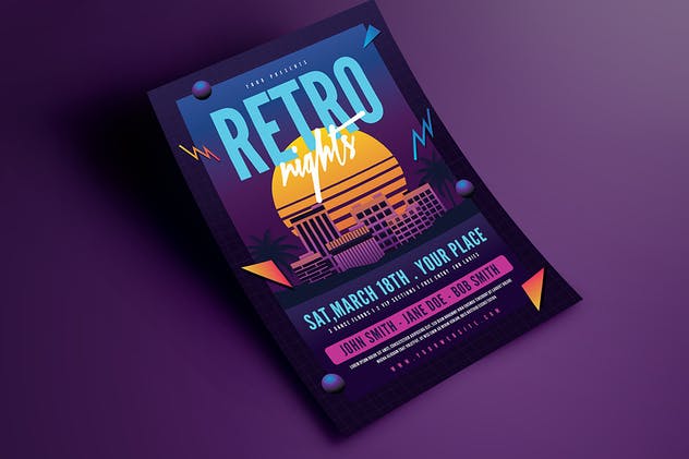 欧美80年代复古夜店风格海报设计模板 Retro Night