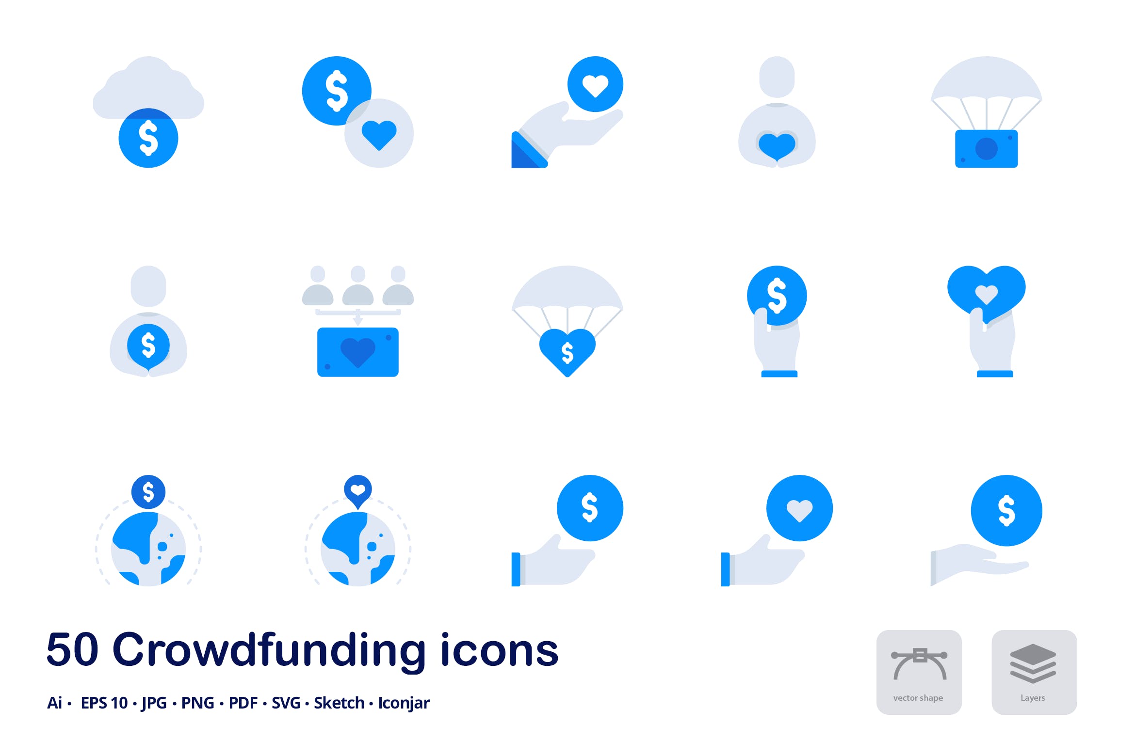 互联网众筹项目双色调扁平化矢量图标 Crowdfunding