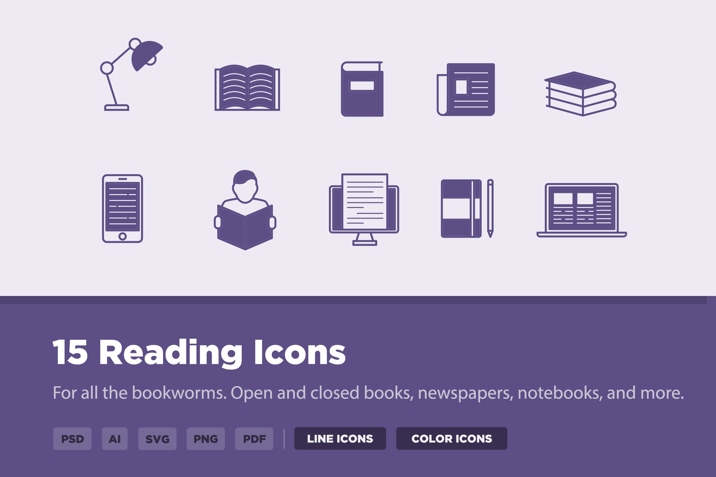 图书阅读主题矢量图标素材 15 Reading Icons