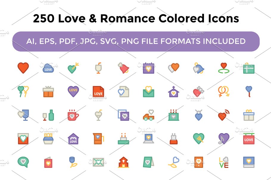 爱情和浪漫元素的彩色图标集合 250 Love and Ro