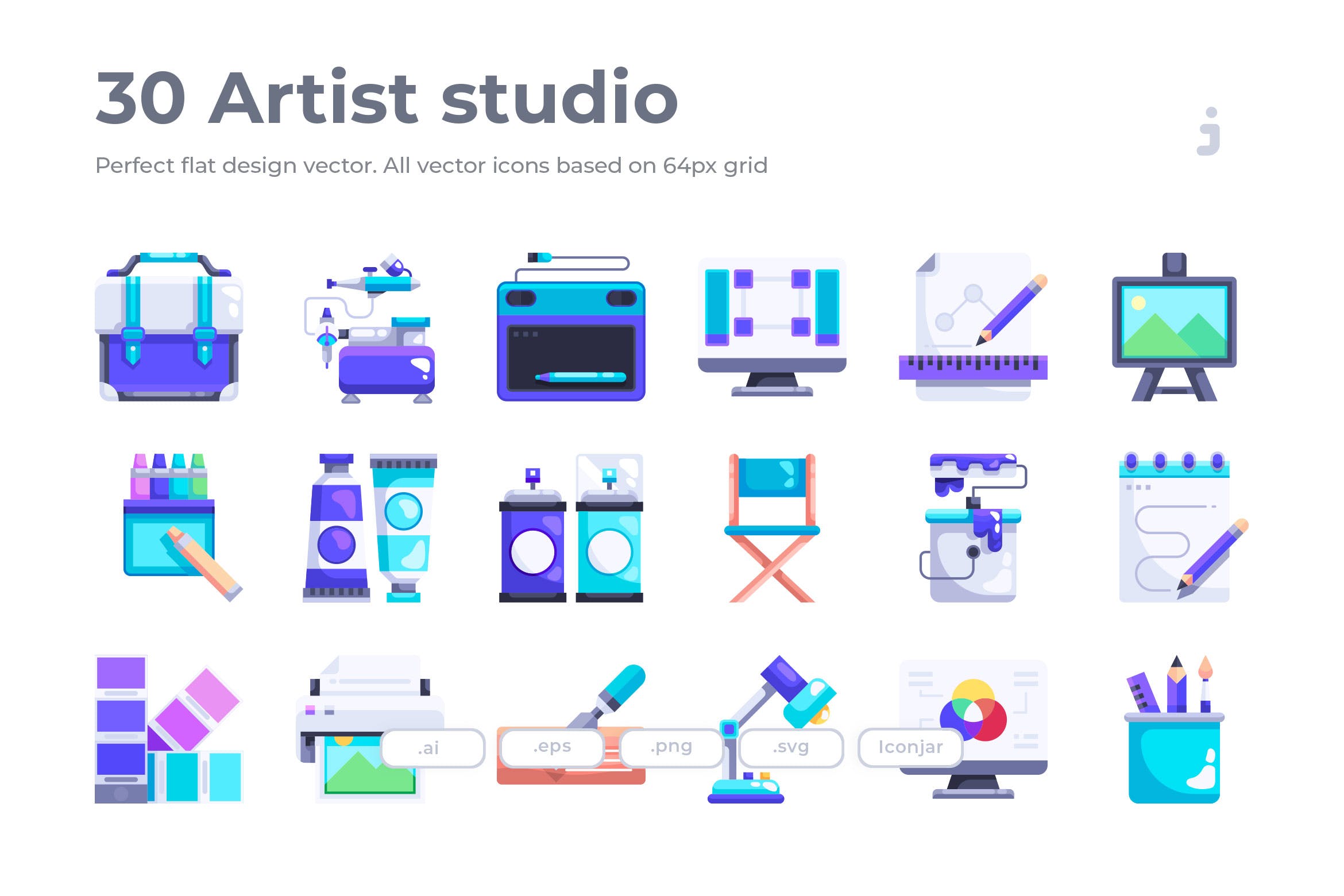 艺术工作室扁平化设计图标 30 Artist studio