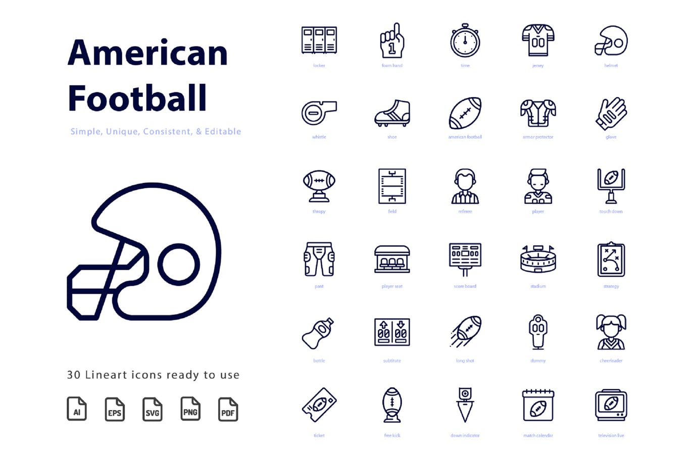 美式足球橄榄球主题线性图标 American Footbal