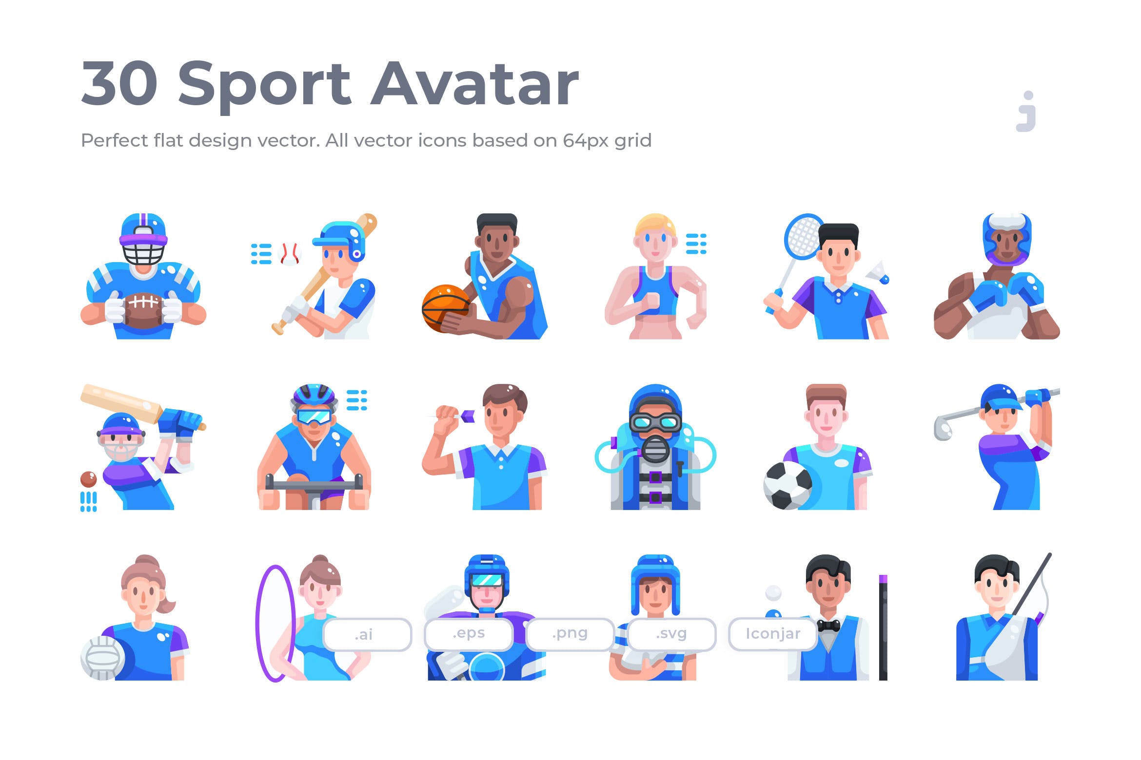 运动员人物扁平化设计矢量图标 30 Sport Avatar