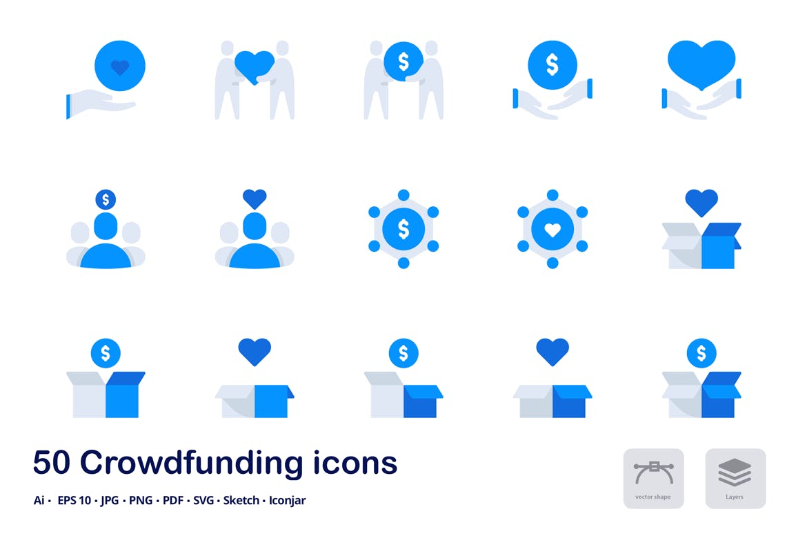 互联网众筹项目双色调扁平化矢量图标 Crowdfunding