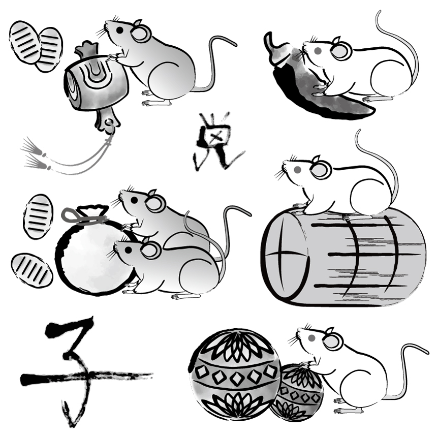 2020新年贺卡清新风格毛笔中国传统风老鼠生效矢量插画160
