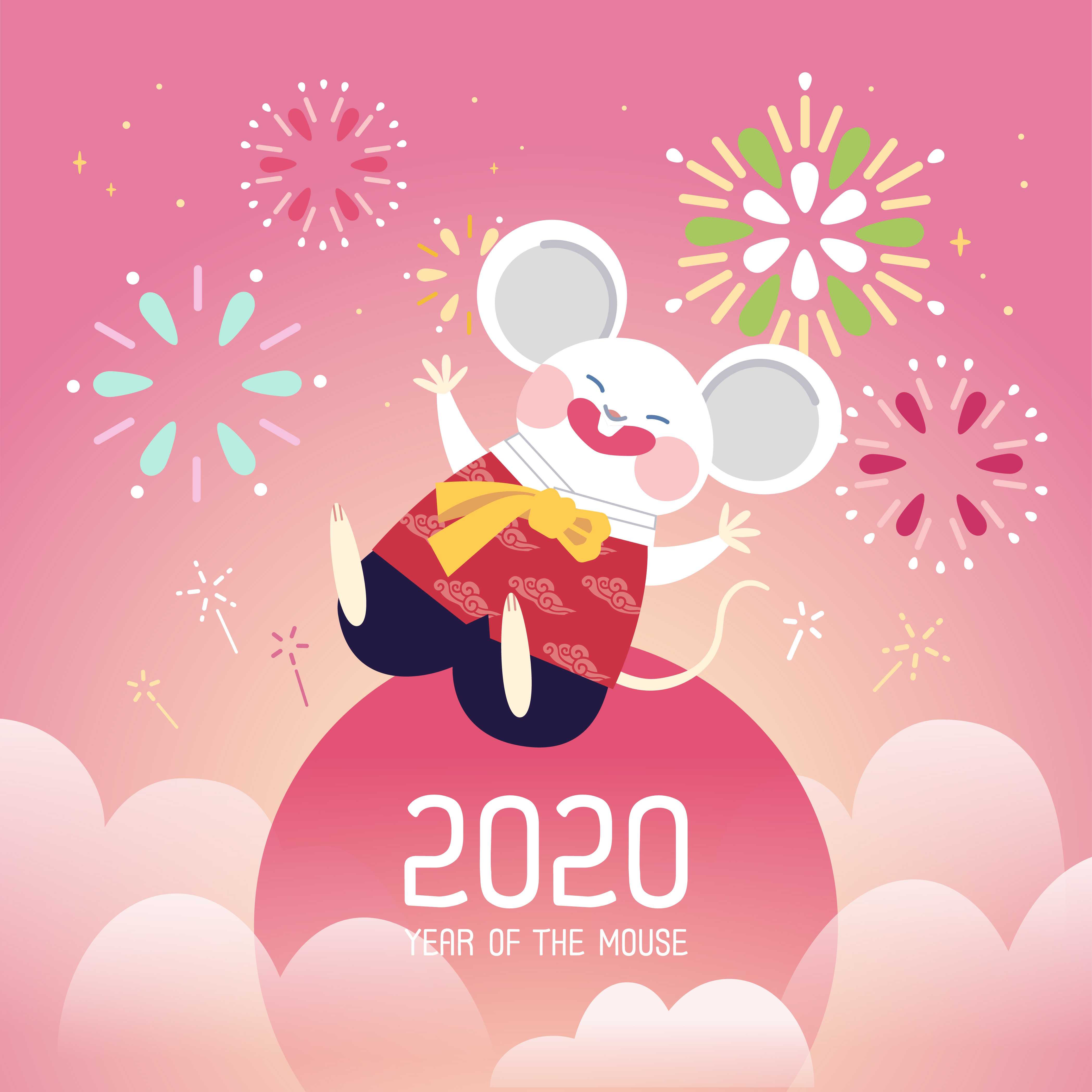粉色烟花春节新年韩式2020年卡通可爱风格鼠年海报模板