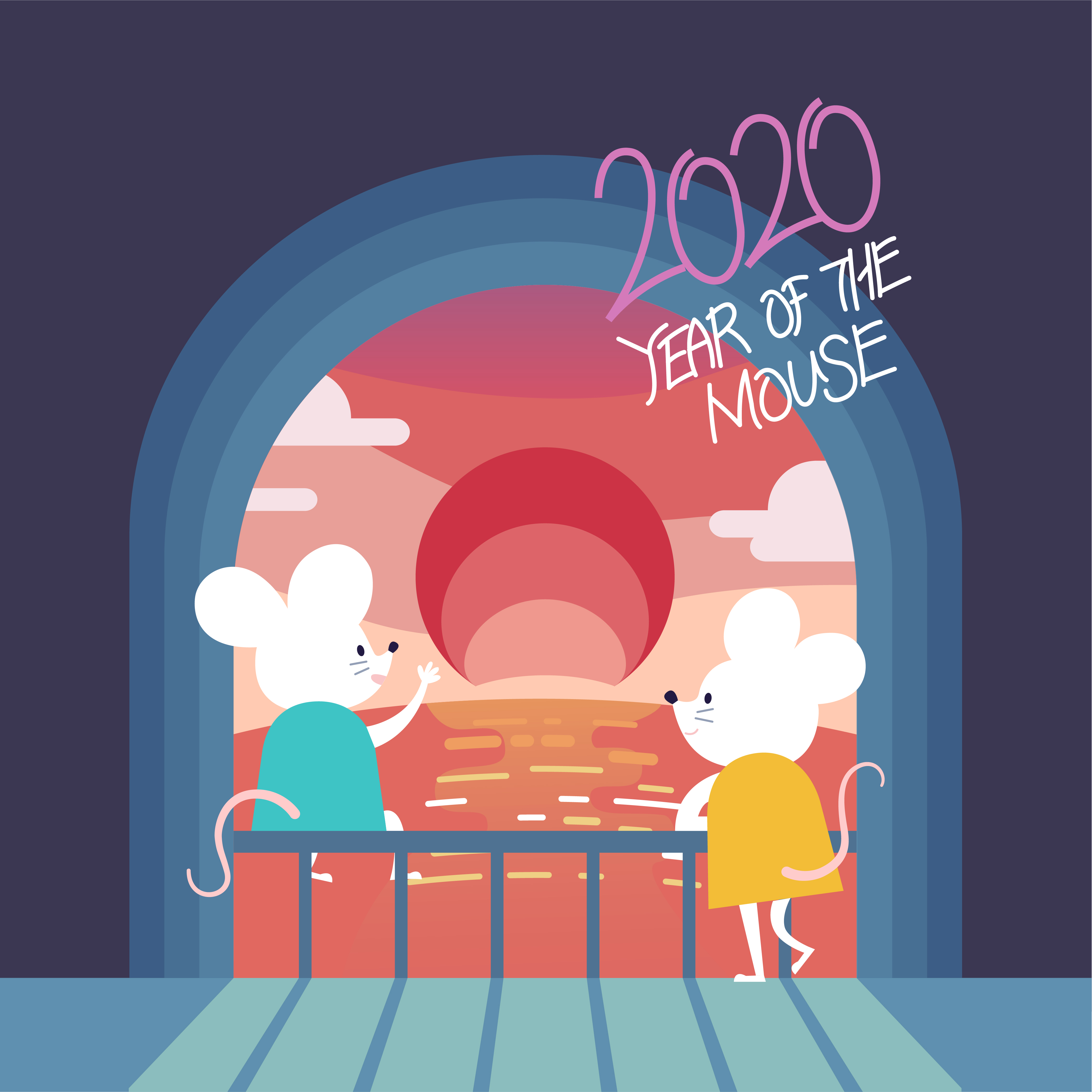 夕阳下的春节新年韩式2020年卡通可爱风格鼠年海报模板