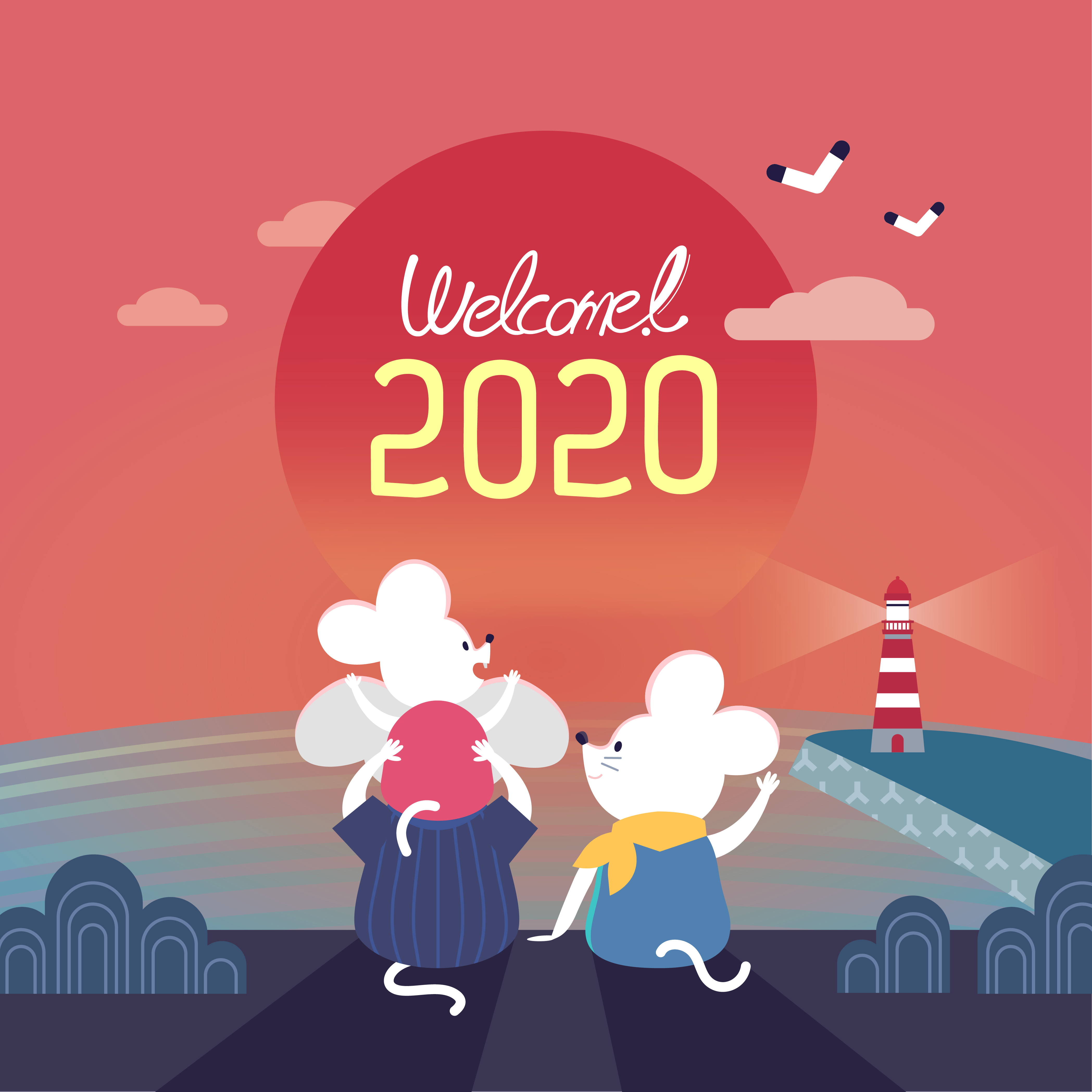 旅游的韩式2020年卡通可爱风格鼠年海报模板