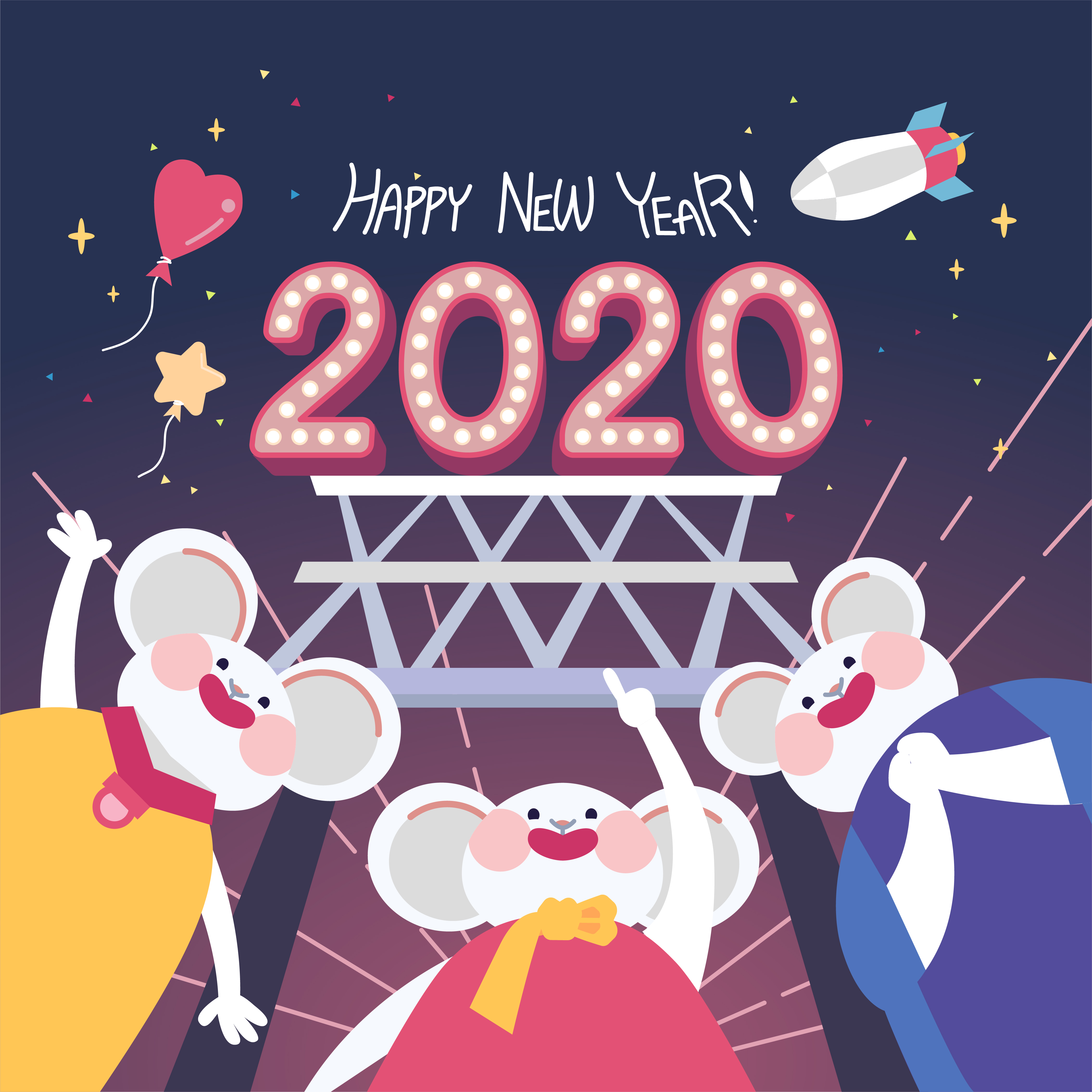 霓虹灯牌2020年卡通可爱风格鼠年海报模板