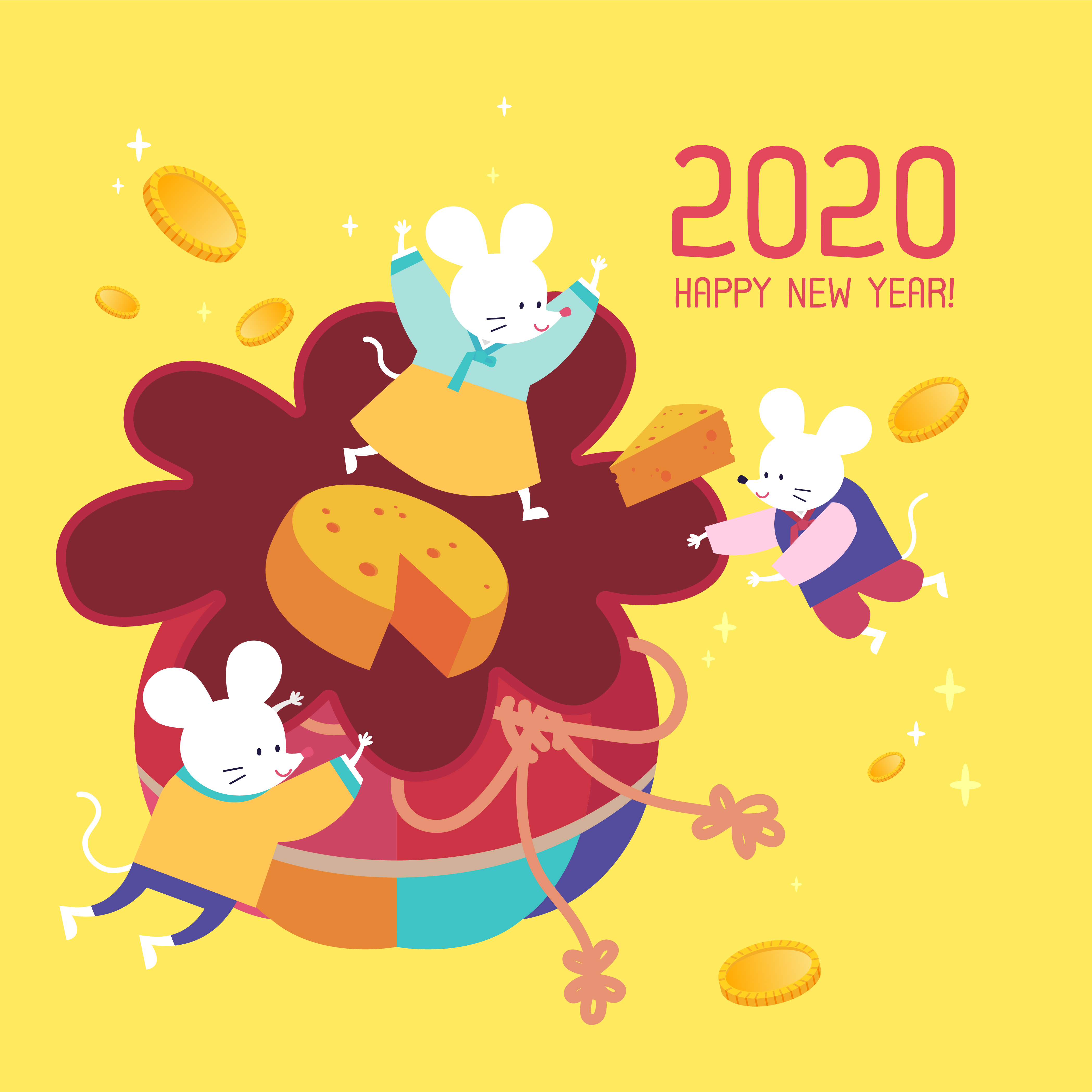 韩式2020年偷吃奶酪的卡通可爱风格鼠年海报模板