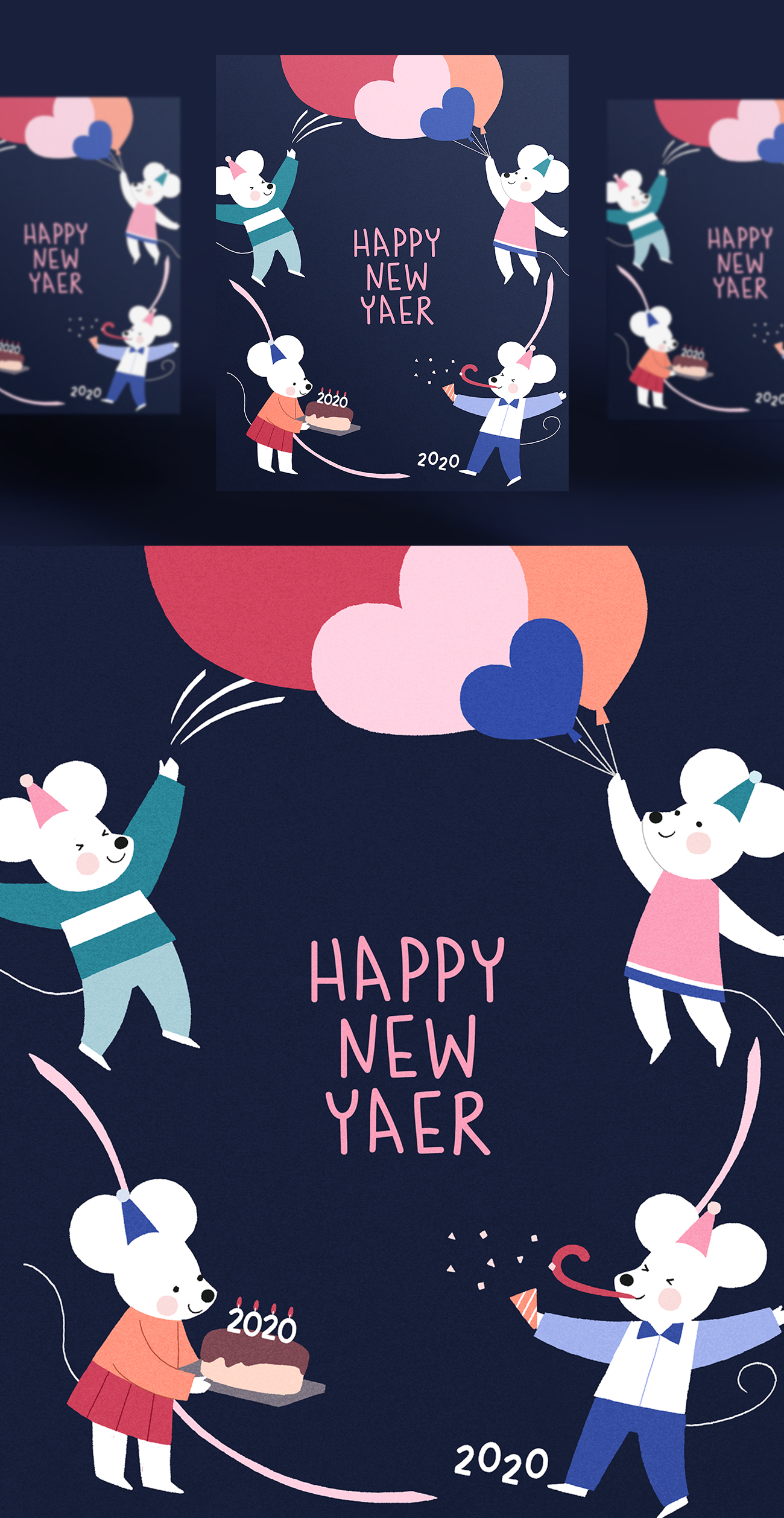 春节新年韩式2020年卡通可爱风格爱心气球鼠年海报模板