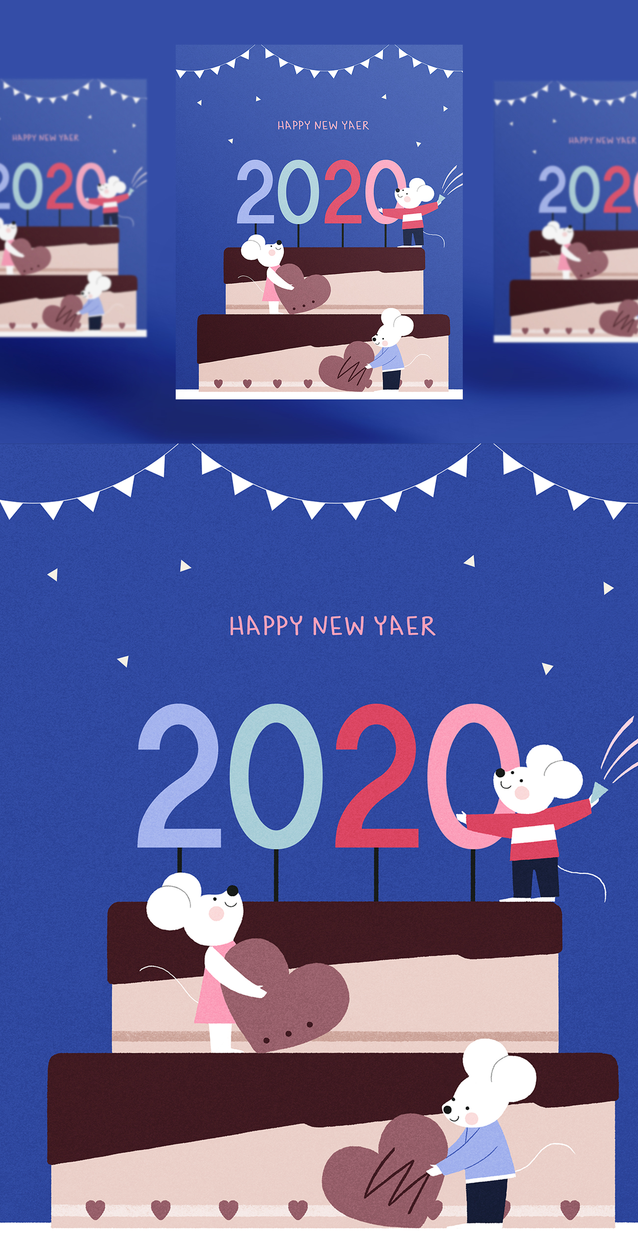 蓝色的爱心韩式2020年卡通可爱风格鼠年海报模板