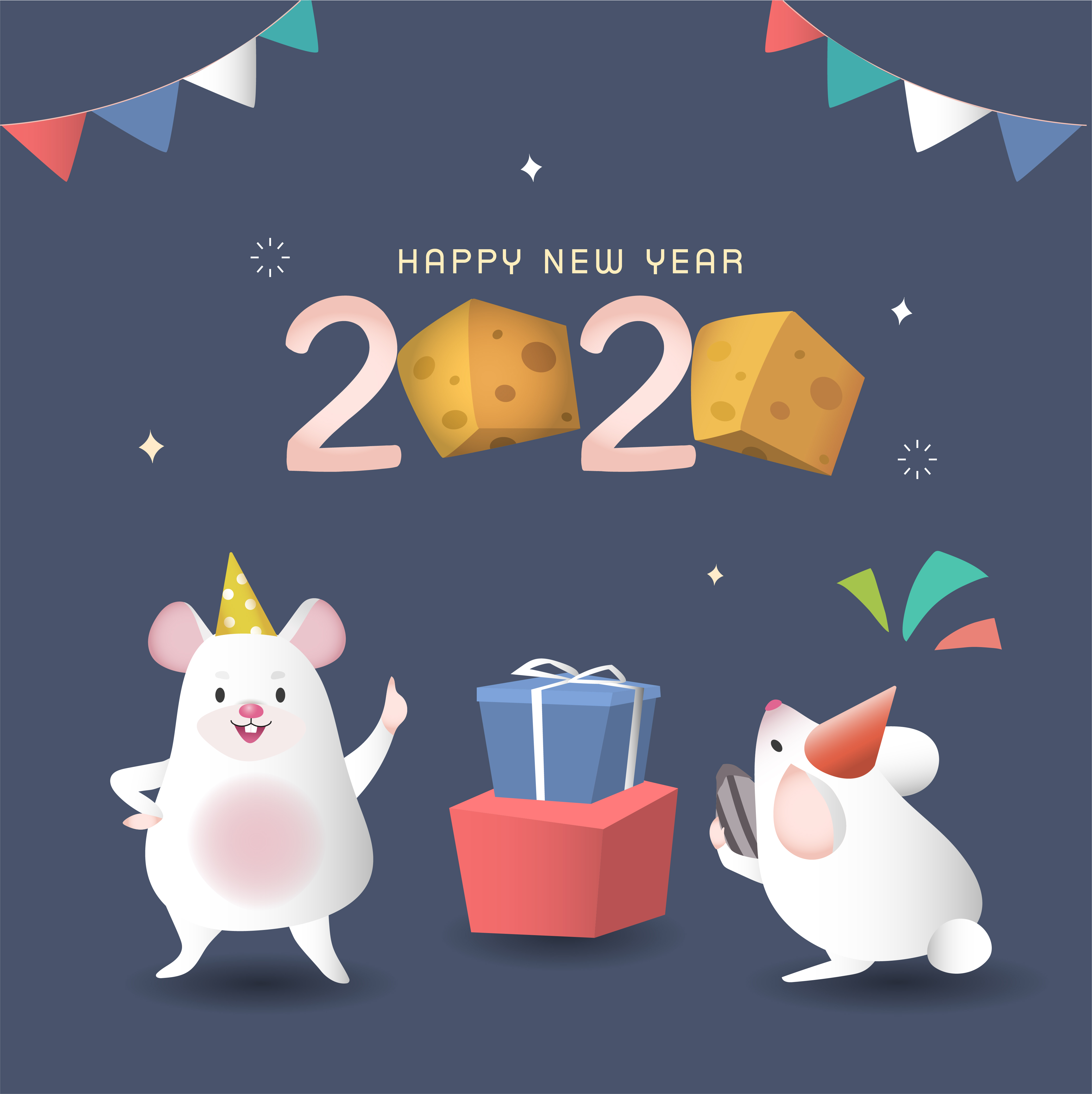 蓝色奶酪春节新年韩式2020年卡通可爱风格鼠年海报模板
