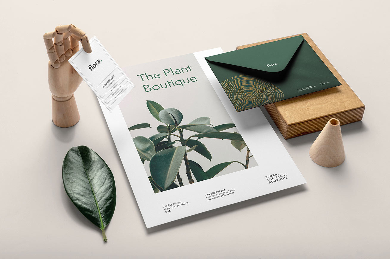 高品质花卉木质品牌VI提案样机贴图模版素材 Flora -