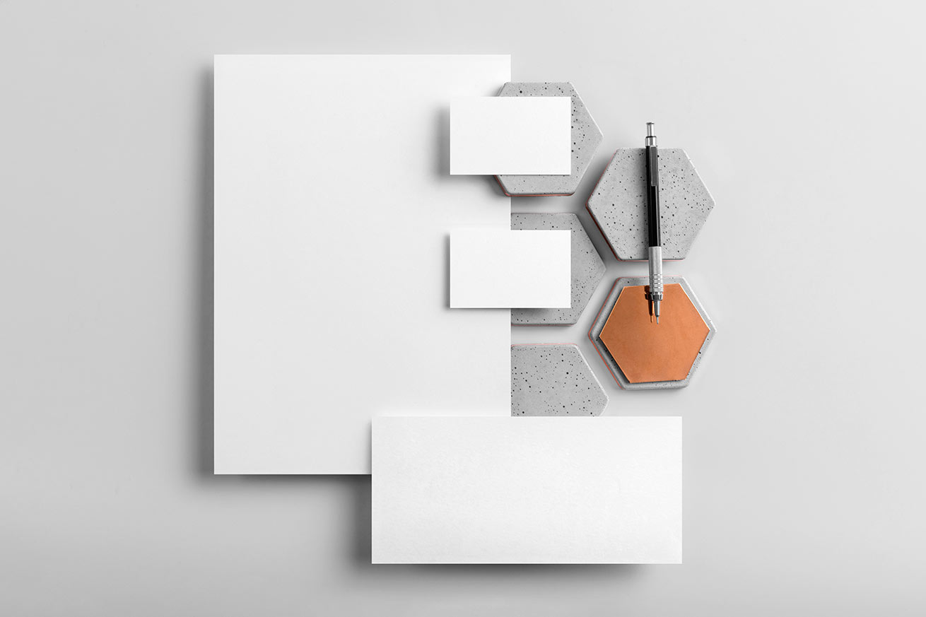 六边形几何玫瑰金&花岗岩元素品牌VI提案贴图样机模板