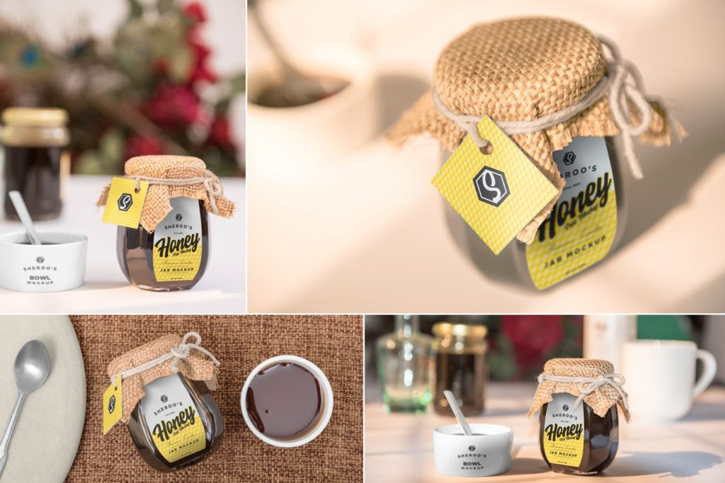 专业逼真效果品牌设计蜂蜜罐子包装模型4个场景样机
