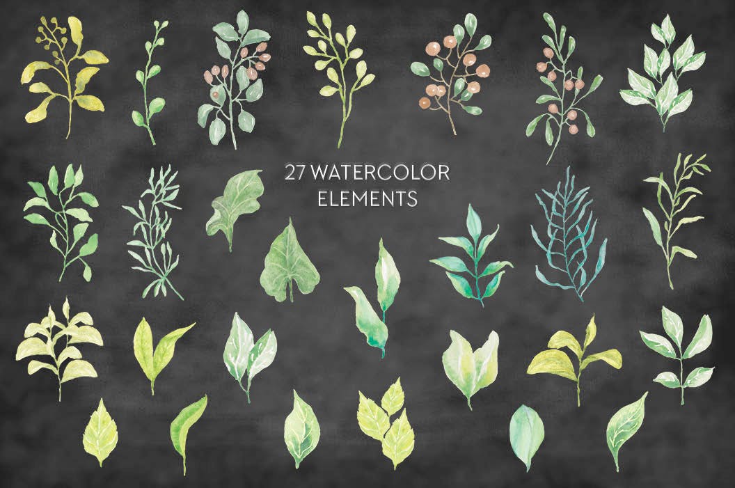 简约时尚清新绿色手绘水墨水彩风格树叶植物花环元素集合