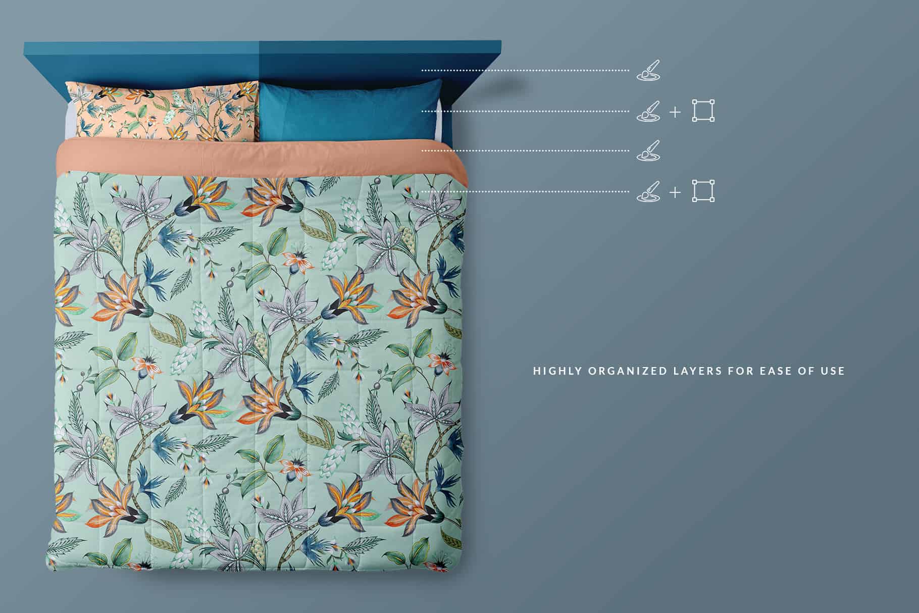 大号双人床床上用品印花图案设计样机模板