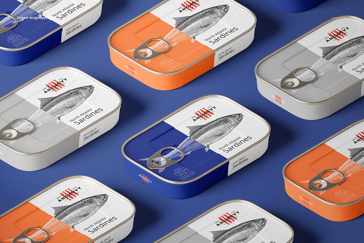 沙丁鱼品牌罐头包装设计展示样机素材下载[PSD]