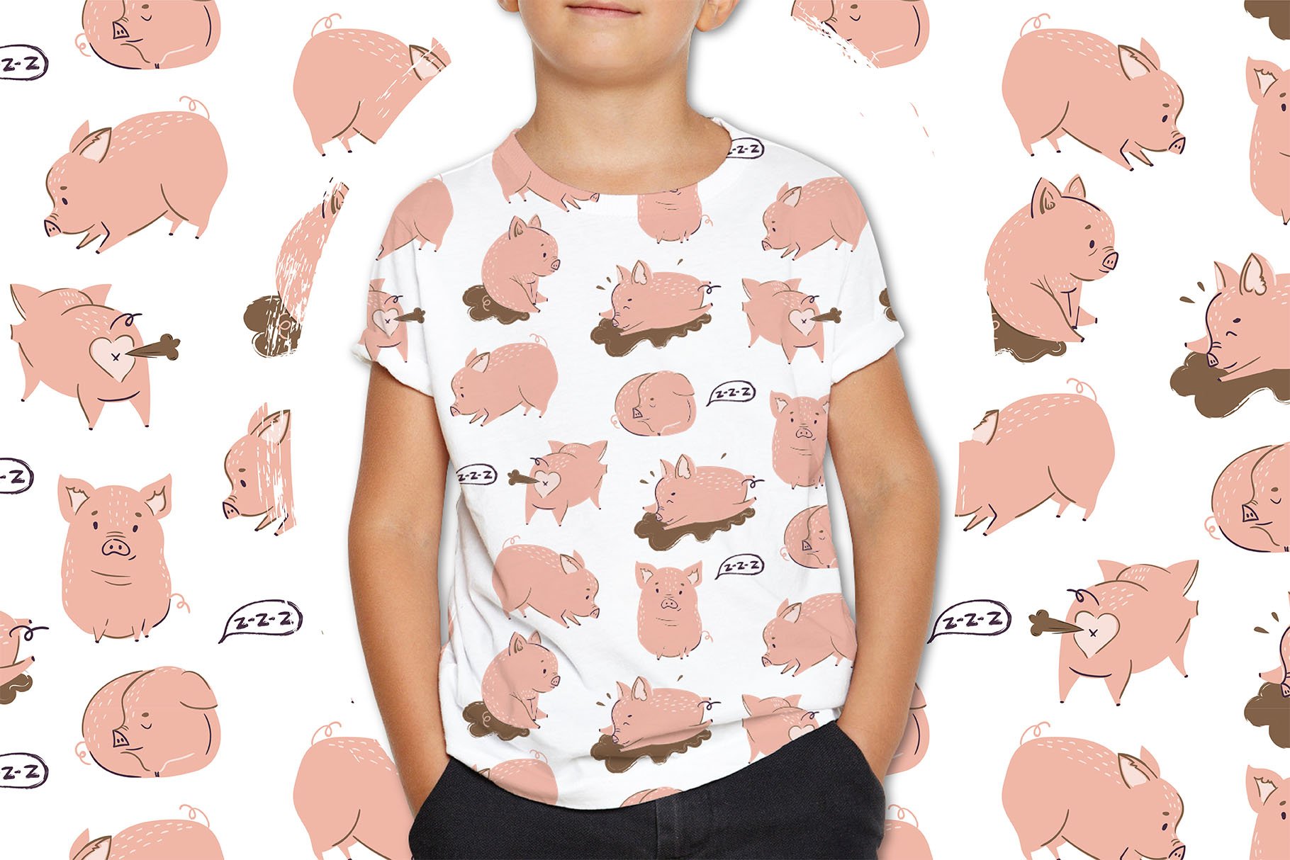有趣的小猪无缝拼接矢量图案素材 Little Piggy