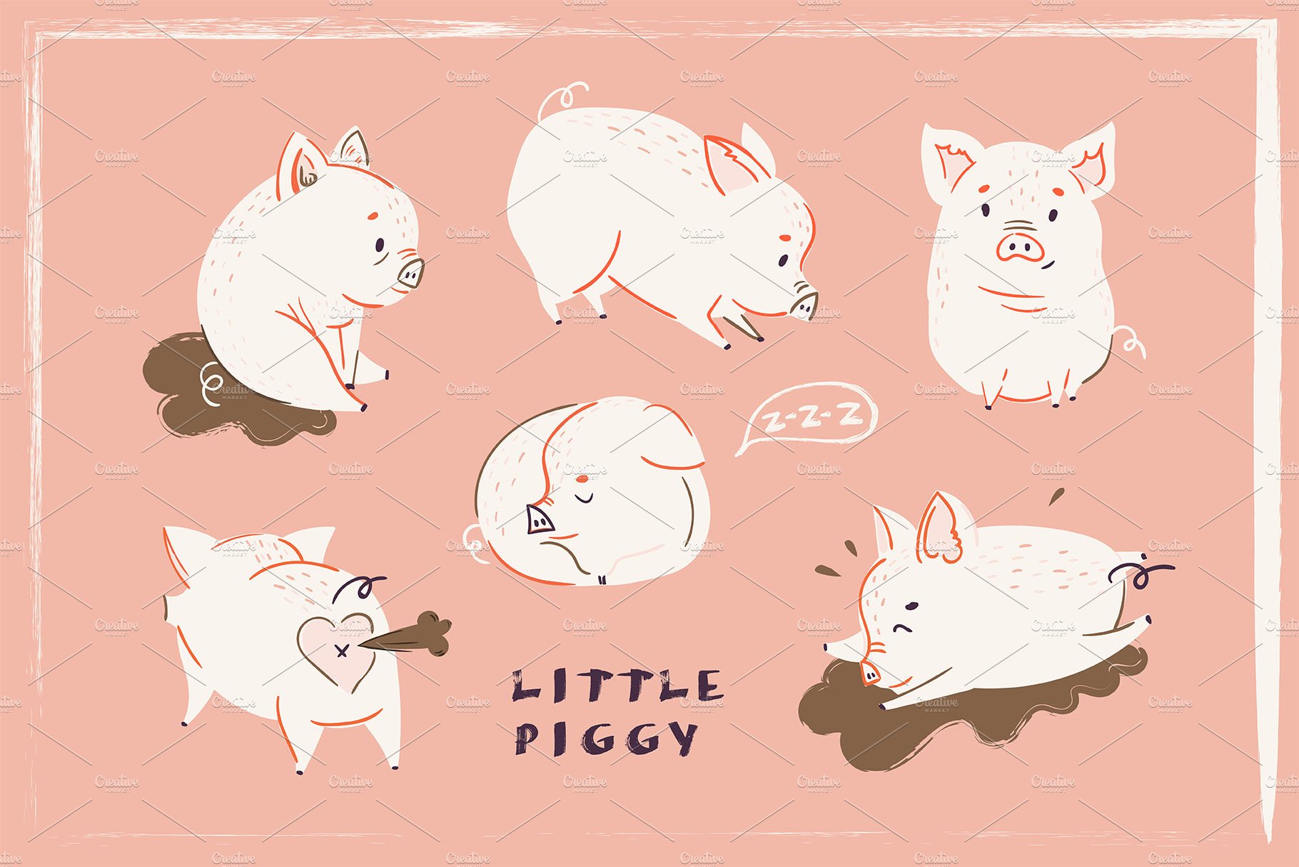 有趣的小猪无缝拼接矢量图案素材 Little Piggy