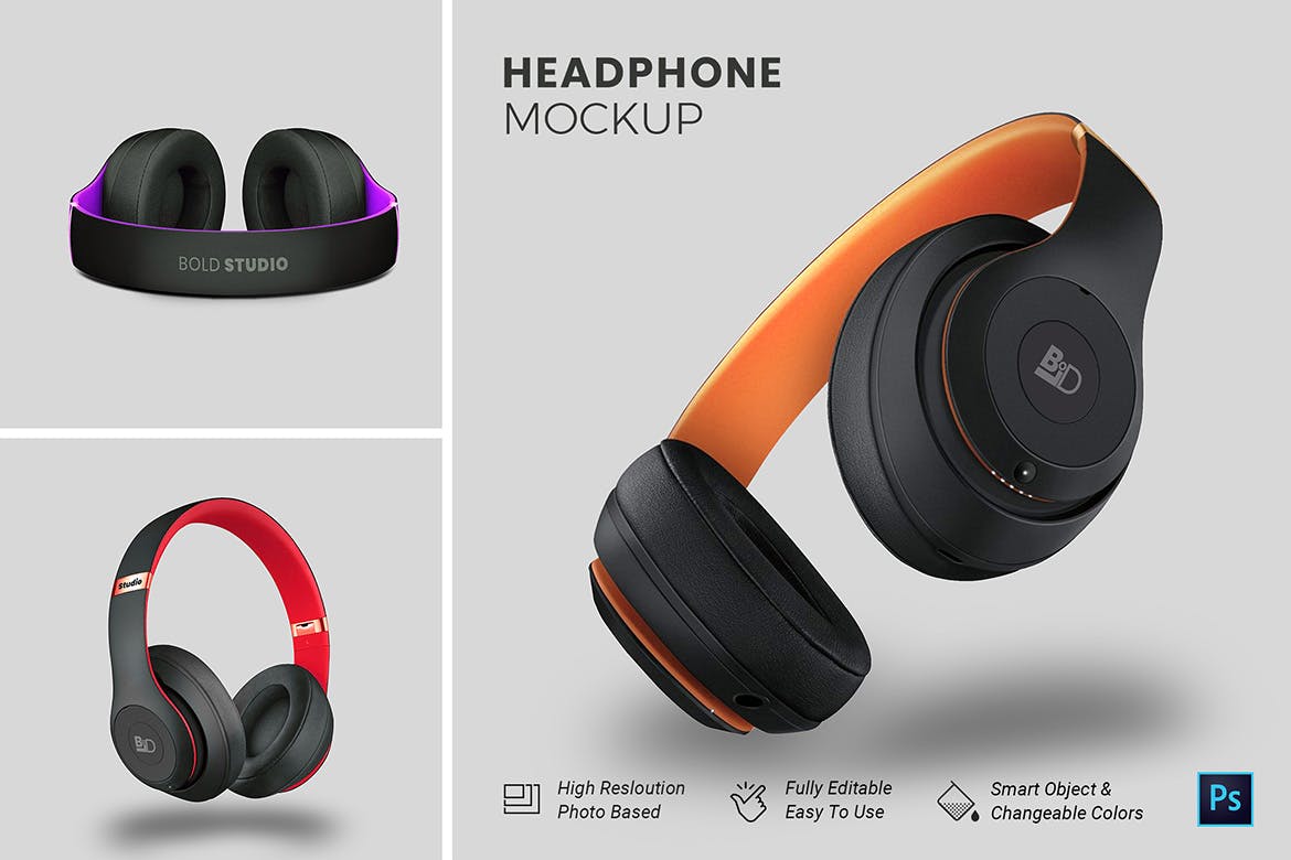头戴式耳机设计效果图样机模板 HeadPhone Mocku