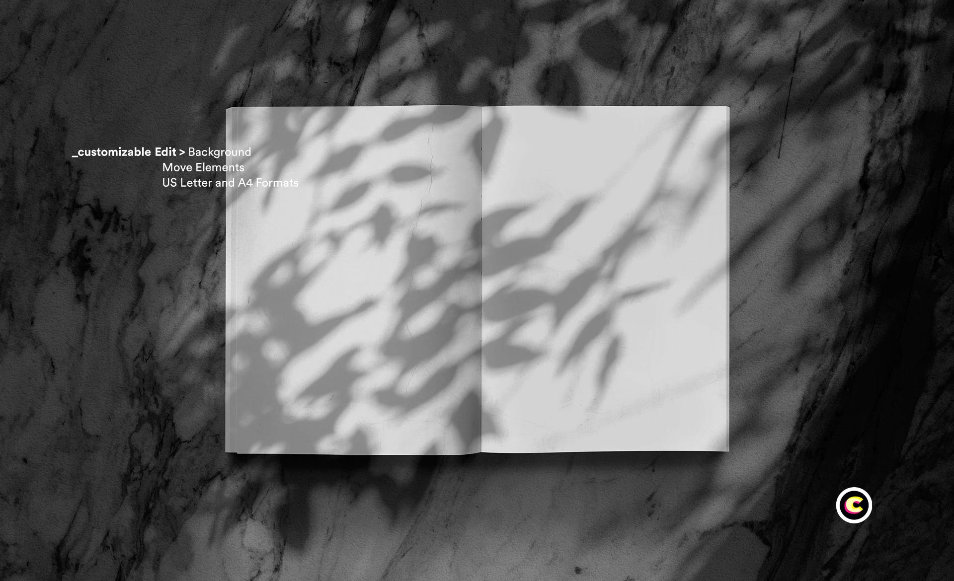 植物阴影大理石背景杂志版式设计预览样机模板 Magazine