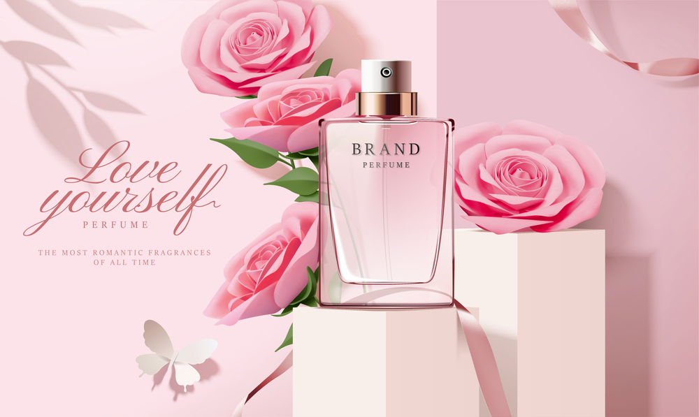 粉色玫瑰香水浪漫高档化妆品海报