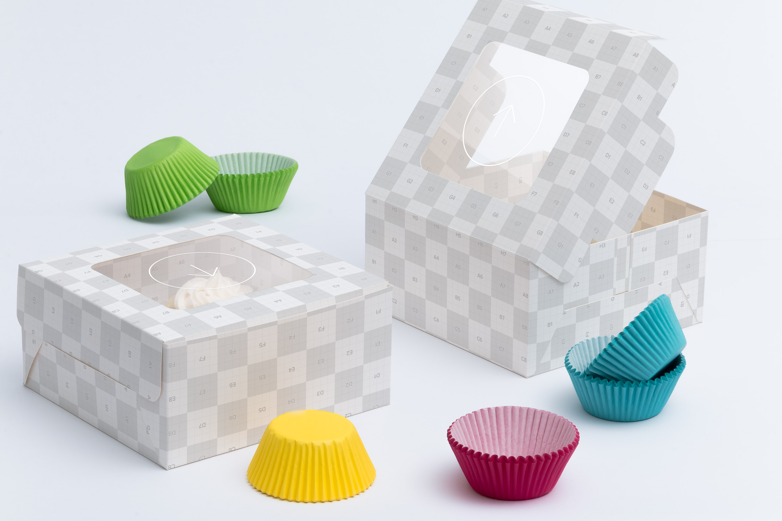 蛋糕盒子样机 Four Cupcake Box Mockup