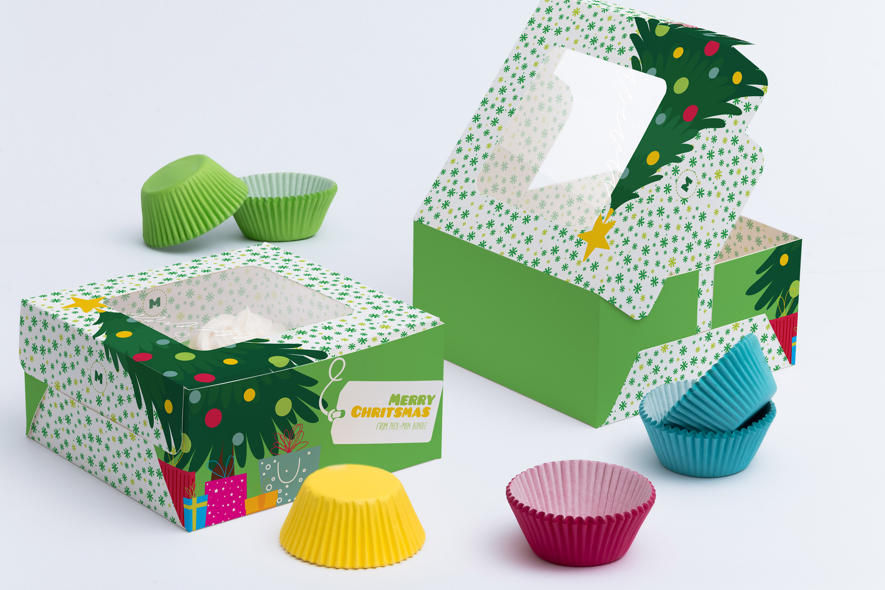 蛋糕盒子样机 Four Cupcake Box Mockup